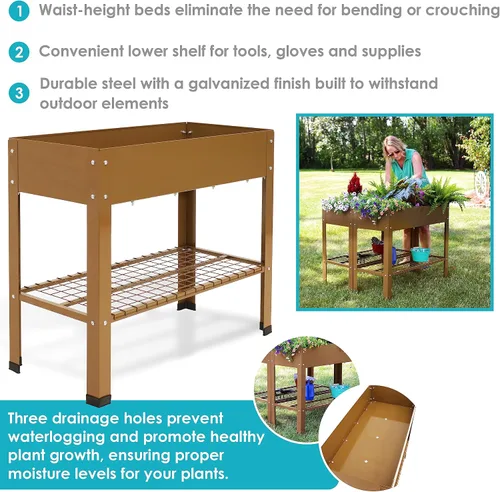 Miniatura 2 de Sunnydaze Cama de jardín elevada de acero galvanizado, juego de 2 jardineras elevadas, uso individual o conectado, cuenta con estante de Marrón