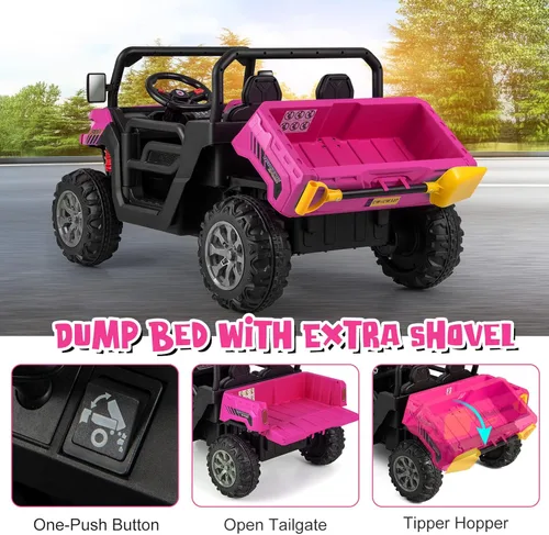 Miniatura 4 de OLAKIDS Carro Montable de 2 Asientos, Vehículo Eléctrico UTV Todoterreno de 12V con Control Remoto, Cama Volquete, Pala Extra, Música, USB, AUX, Rosa