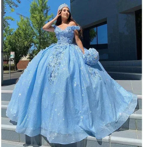 Miniatura 4 de Youjiayi Vestidos de quinceañera florales 3D para mujer, vestidos largos de tul hinchados, vestidos de baile de graduación con hombros descubiertos