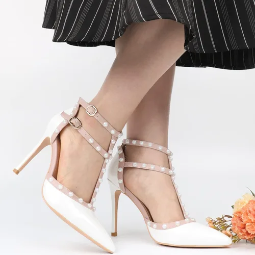 Miniatura 6 de Tacones con correa de tobillo para mujer, remaches redondos dorados, correa en T, sandalias de boda