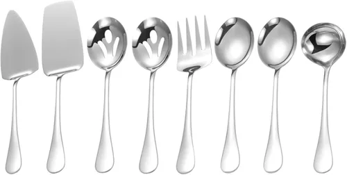 Utensilios de servir de acero inoxidable, juego de 8 piezas con cucharas de servir, tenedor de servir, cucharón de sopa, servidor de lasaña,