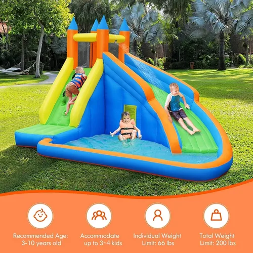 Miniatura 8 de KOTEK Tobogán acuático inflable, tobogán acuático gigante con tobogán largo, pared de escalada y piscina grande de salpicaduras, toboganes acuáticos