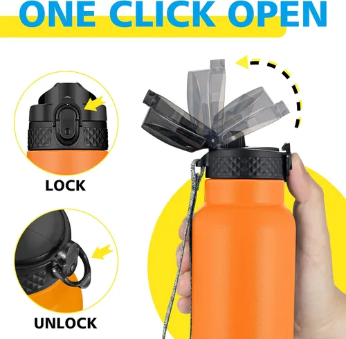 Miniatura 4 de Han's Bottle Botella de agua deportiva de 32 onzas, tapa con pajilla, a prueba de fugas, acero inoxidable aislado al vacío, doble pared, taza Fuego