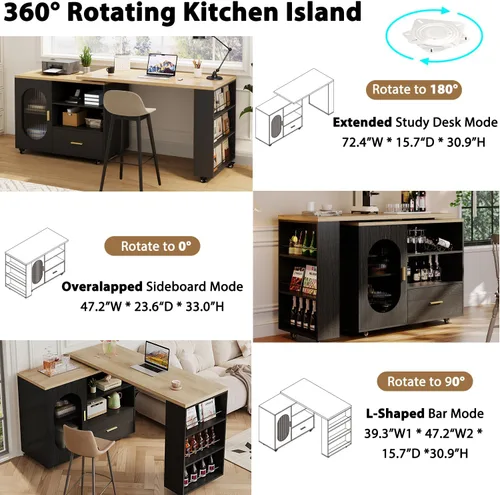 Miniatura 4 de HSH Isla de cocina rodante de 72 pulgadas con asiento, mesa giratoria de 360°, isla de cocina con gabinete de almacenamiento, cajón y estantes