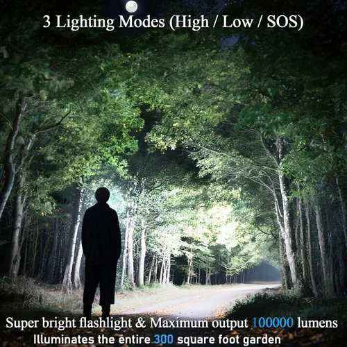 Miniatura 8 de Linternas recargables de alto lúmenes, 100000 LM, batería de 5000 mAh con pantalla LCD, 3 modos, zoomable e impermeable IP67, para camping, pasear