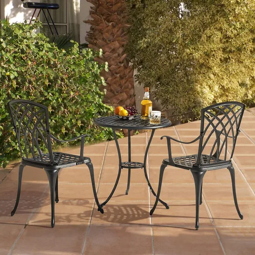 Miniatura 7 de NUU GARDEN Juego de mesa y sillas de aluminio fundido para patio, 3 piezas, con agujero para paraguas, juego de 2 unidades para patio, color negro