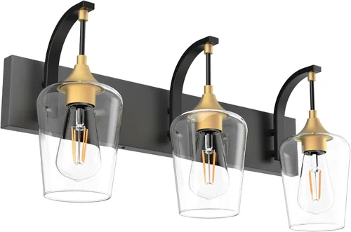 Ralbay Lámparas de tocador negras y doradas, 3 luces, industrial, negro/dorado, con vidrio transparente, accesorios de iluminación vintage Edison