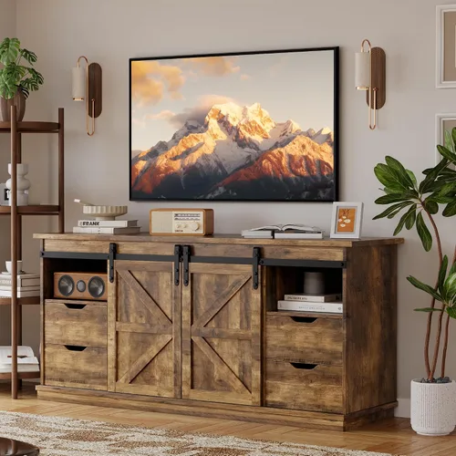 Miniatura 11 de YESHOMY Soporte de TV para televisores de hasta 65 pulgadas, con puertas correderas de granero y 4 cajones de almacenamiento, mesa consola y muebles