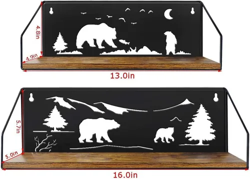 Miniatura 3 de Giftgarden Estantes flotantes para pared con adorables recortes de osos únicos, estante de pared rústico de madera y hierro con decoración de osos