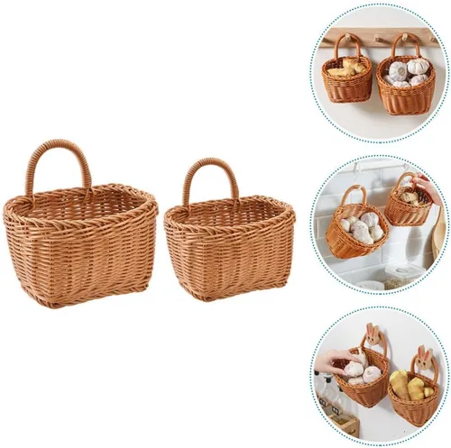 Miniatura 2 de ABOOFAN Cesta colgante de ratán, 2 piezas, tejida en la pared con ganchos, cesta de almacenamiento de frutas y verduras para utensilios de papa
