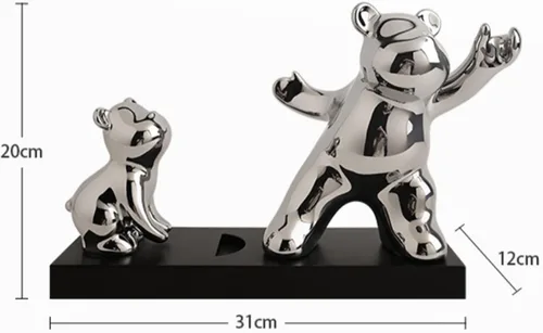Miniatura 6 de Linxia Estante de vino de mesa, soporte para botellas de vino de doble oso con sacacorchos, soporte de cerámica plateado independiente para botella