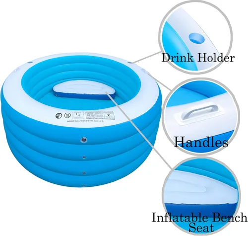 Miniatura 3 de Piscina inflable con asiento, piscina inflable de cuatro niveles de 72 x 27 pulgadas con asas para sostener bebidas, parque acuático familiar de Azul