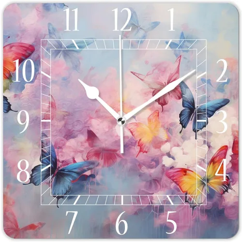 Miniatura 6 de Reloj de pared decorativo de 10 pulgadas, silencioso, cuadrado, para el hogar, sala de estar, cocina, bosque de otoño, hojas rojas brillantes, cielo
