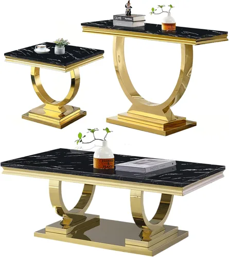 Miniatura 21 de Juego de 2 mesas de café de mármol, juego de mesa de sala de estar de 2 piezas que incluye 1 mesa auxiliar y 1 mesa auxiliar, moderna mesa auxiliar