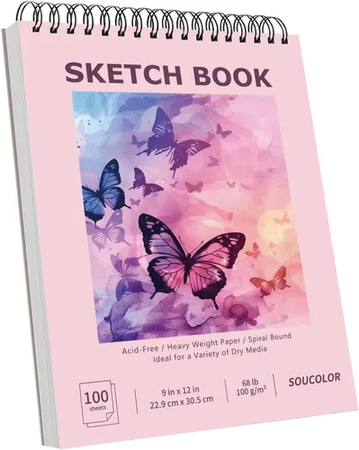 Miniatura 13 de Soucolor - Cuaderno de bocetos de 9 x 12 pulgadas, paquete de 4 de 100 hojas, encuadernado en espiral, libre de ácido (68 libras/100 g/m²), papel