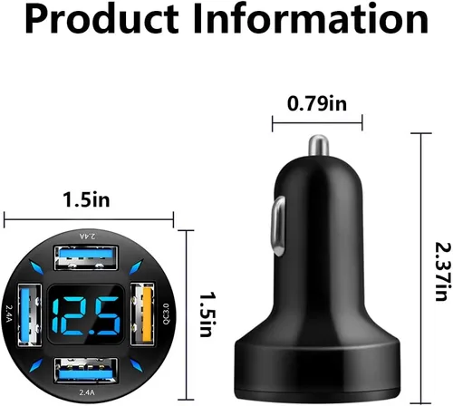 Miniatura 2 de Cargador de coche USB rápido de 66 W con voltímetro pantalla de luz LED, adaptador de cargador de coche compatible con iPhone 1pcs negro