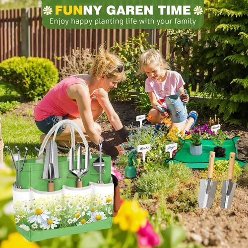 Miniatura 6 de Juego de 22 piezas de herramientas de jardín para mujeres, kit de herramientas manual resistente con bolsa grande/alfombrilla de Verde