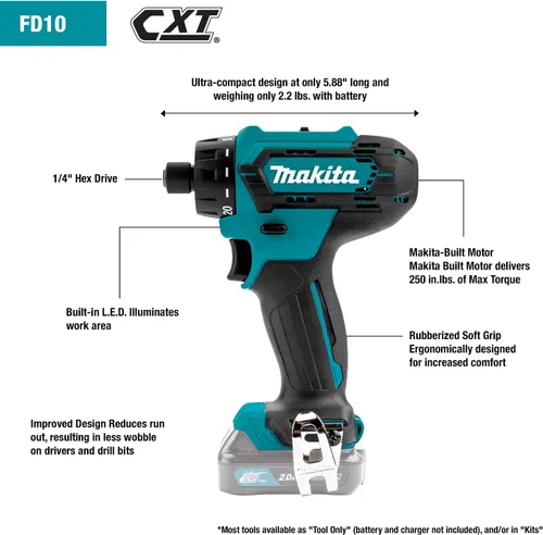 Miniatura 3 de Makita FD10R1 12V max CXT - Kit de destornillador hexagonal inalámbrico de iones de litio de 1/4 pulgadas (2.0Ah) con fuente de alimentación