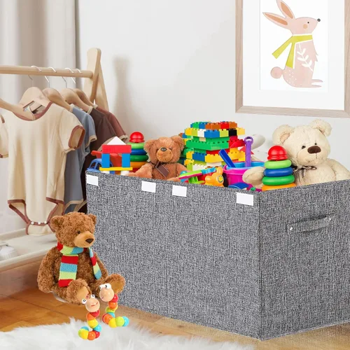 Miniatura 7 de Contenedor plegable de almacenamiento de juguetes con tapa, gran capacidad de 82 litros, organizador gris neutro que ahorra espacio para sala