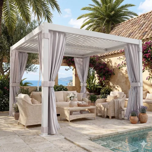 MELLCOM Pérgola con listones de 10 x 10 pulgadas, refugio inoxidable para exteriores con techo ajustable, cenador de aluminio de acero con cortinas