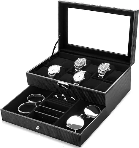 Oyydecor Caja de reloj con 12 ranuras, organizador de relojes, organizador de joyas con cajón de joyería para almacenamiento y exhibición con