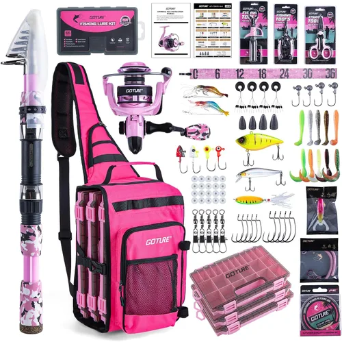 Miniatura 11 de Goture Combo de caña de pescar y carrete rosa - Carrete giratorio ML Action con bolsa rosa - Kit de caña telescópica para principiantes, viajes