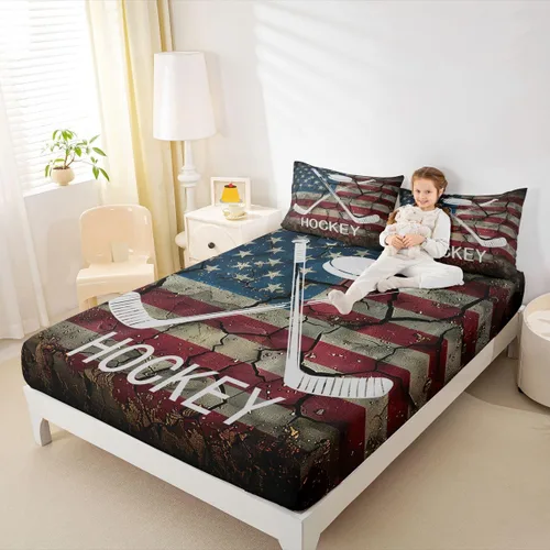 Miniatura 21 de Erosebridal American Flag Fitted Sheet Twin, Hockey Bedding Set United States Sports Games Bed Sheets for Kids Boys Teens Bedroom, Red White