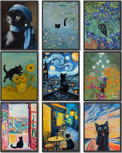 9 piezas divertidas de arte de pared de gato negro, gatos negros retro en pinturas famosas, carteles impresos, lindos gatos coloridos, decoración de