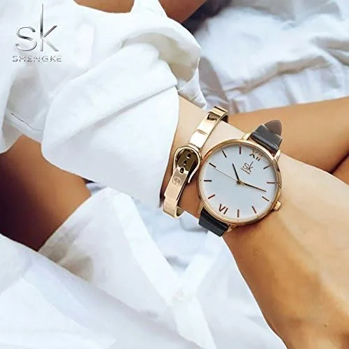 Miniatura 5 de SK - Reloj de pulsera para mujer, correa de piel, de cuarzo, reloj de lujo japonés de cuarzo.