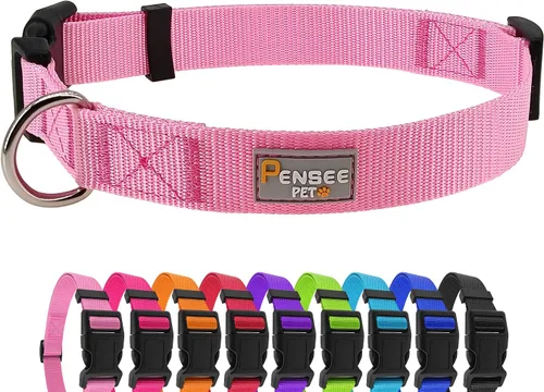 Collar de perro rosa básico ajustable para cachorros, perros pequeños, medianos y grandes, con collar de nailon transpirable de liberación rápida