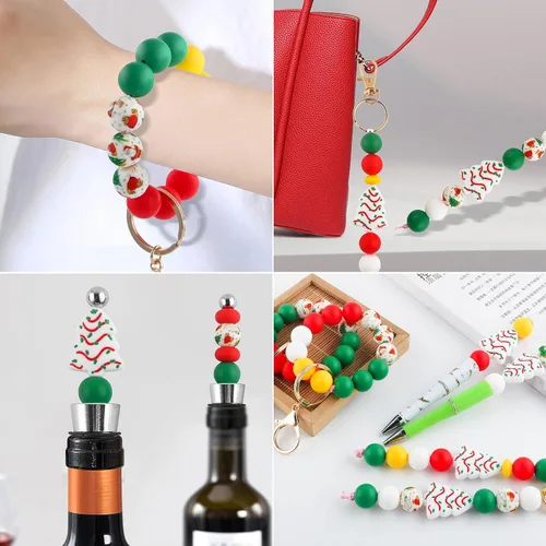 Miniatura 3 de Sunrony 15 piezas de abalorios focales de silicona para hacer llaveros, abalorios focales de silicona con forma de árbol de Navidad para lápices