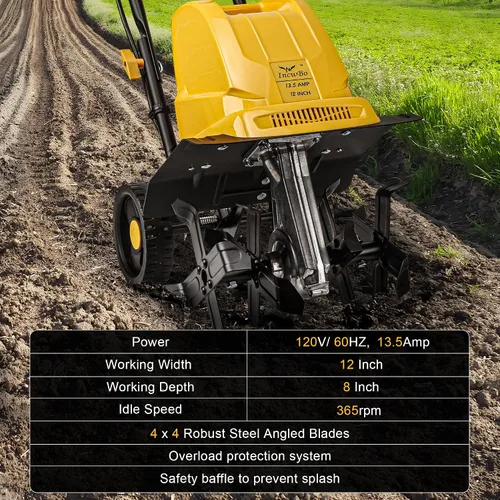 Miniatura 8 de IncwBo Rastrillo/Cultivador Eléctrico 4 dientes de acero, 8'' de profundidad de labrado, rastrillo roto para jardín, 13.5 amperios, 12 pulgadas