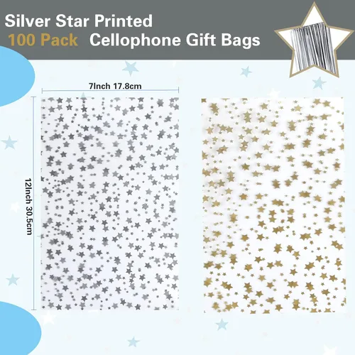 Miniatura 2 de 100 bolsas de regalo con estampado de estrellas de 7 x 12 pulgadas, bolsas de celofán para regalo, bolsas de regalo de fiesta, bolsas transparentes