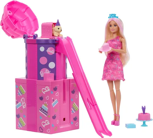 Barbie Muñeca y accesorios Rise & Surprise, serie de cumpleaños para mascotas con 12 sorpresas, incluyendo diapositivas y actividades de cambio de