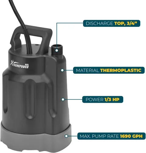 Miniatura 2 de XtremepowerUS Bomba de agua sumergible 1/3 HP 1700GPH Bomba de utilidad termoplástica de alto flujo Bomba de agua de transferencia eléctrica Tina