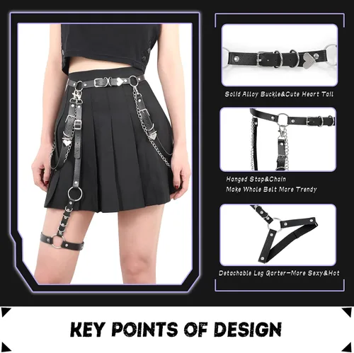 Miniatura 4 de WERFORU Cinturón punk de piel sintética para mujer con cadena, cinturón gótico de roca con ligas de pierna
