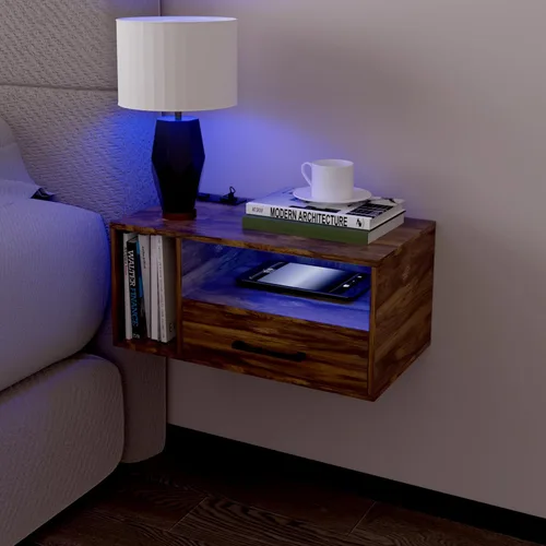 Miniatura 9 de Homaterial Mesita de noche flotante con estación de carga y luces LED, mesita de noche flotante con cajones, mesitas de noche montadas en la pared