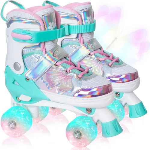 Miniatura 10 de Nattork Patines de Ruedas para Niñas y Niños, Patines Cuádruples de 4 Tamaños Ajustables con Diseño de Mariposa y Flor con Todas las Ruedas Púrpura