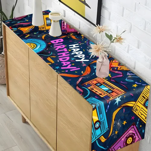 Miniatura 4 de JCJT Camino de mesa retro de cumpleaños, diseño de cassette neón de los años 80 y 90, poliéster, azul marino, rosa, amarillo, 70.86 x 13.78