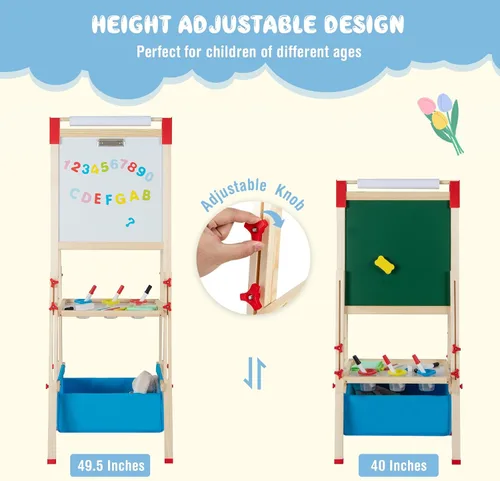 Miniatura 5 de HONEY JOY Caballete para niños, caballete de madera ajustable de doble cara con pizarra magnética y pizarra blanca, rollo de papel, más de 60
