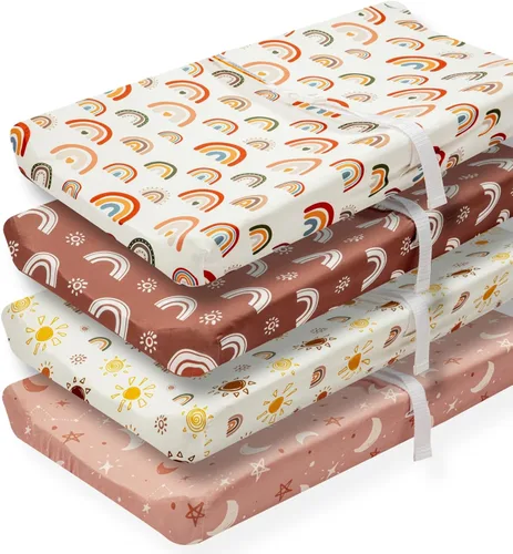 4 paquetes de sábanas de guardería estilo bohemio - Diseño de sol y arcoíris, sábanas ajustadas neutras para cambiador de bebé unisex para bebés