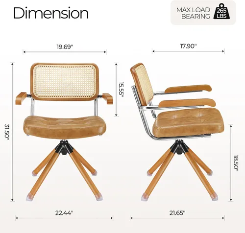 Miniatura 2 de Zouron Silla de escritorio de ratán sin ruedas, sillón tapizado de piel sintética, silla de oficina giratoria con respaldo de caña natural y patas