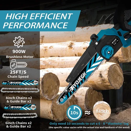 Miniatura 2 de RYOJEGK Mini motosierra sin escobillas de 8 y 6 pulgadas, 2 x 4.0 Ah de instalación sin herramientas, pequeña motosierra inalámbrica con 4 guía