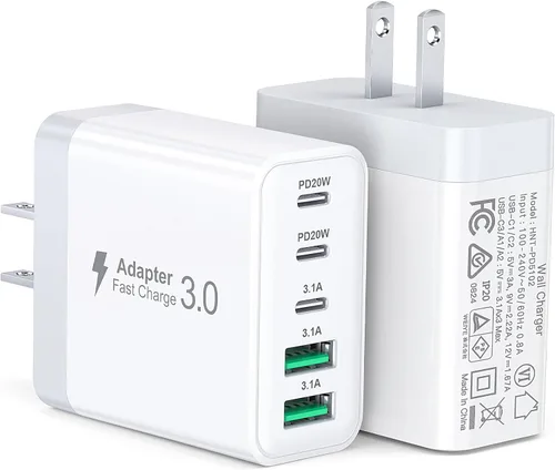 Bloque de cargador USB C, [paquete de 2] Cargador rápido de 60 W, 5 puertos, 20 W, bloque de carga tipo C, cargador de pared USB de 3.1 A, doble