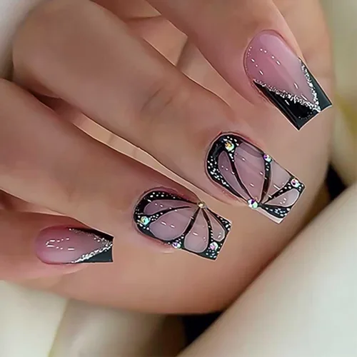 RikView Uñas francesas con punta francesa, uñas cuadradas a presión con diseño de mariposa, acabado brillante, 24 unidades