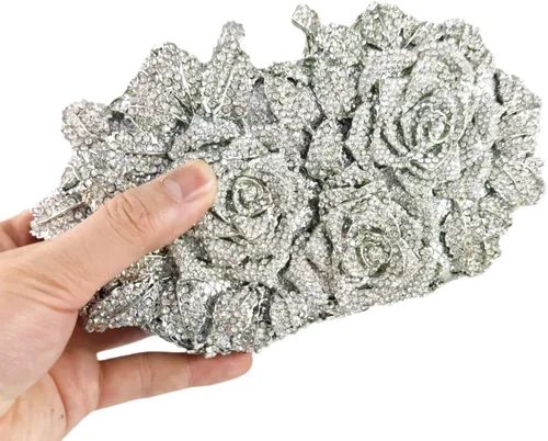 Miniatura 7 de Boutique De FGG Deslumbrantes bolsos de noche de flores para mujer, bolsos formales de fiesta con diamantes de imitación, bolso de mano de cristal