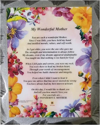 leGna "My Wonderful Mother" - Homenaje artístico para pared con poema inspirador solo para ella, un regalo para todas las ocasiones; en placa de