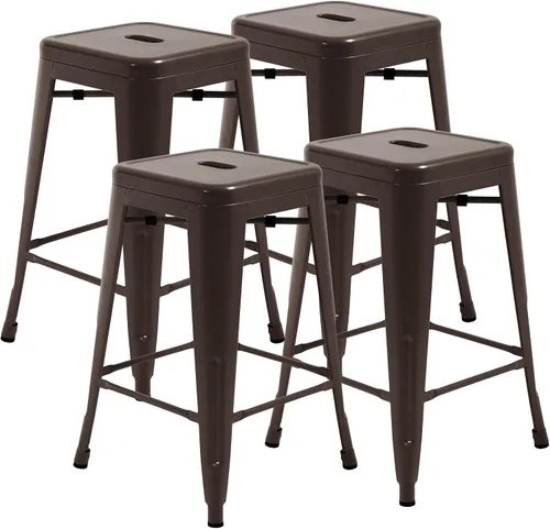 Miniatura 10 de Juego de 4 taburetes de bar de metal, apilables, altura de mostrador, 24 pulgadas, para interiores y exteriores, taburete de bar sin espalda, Naranja
