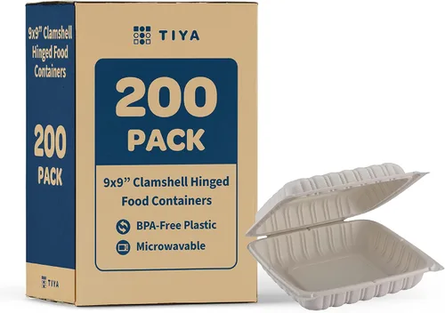 Miniatura 10 de TIYA - Recipientes de comida Clamshell color blanco, paquete de 150 unidades, 8 x 8 pulgadas, recipientes para llevar, plástico para microondas