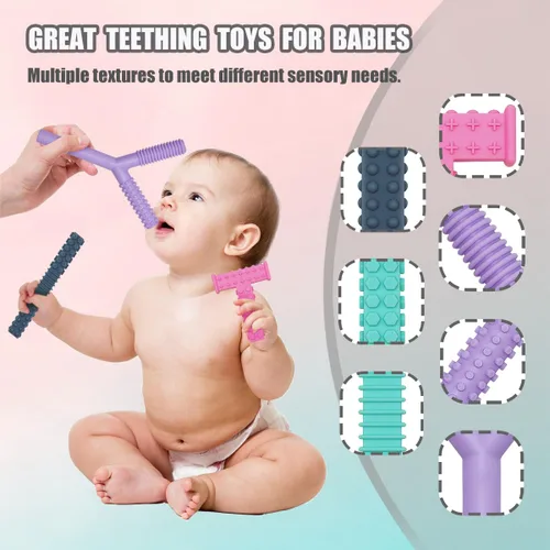 Miniatura 6 de Juguetes sensoriales para masticar para niños autistas, paquete de 4 tubos masticables para niños, silicona suave y duradera, herramientas motoras